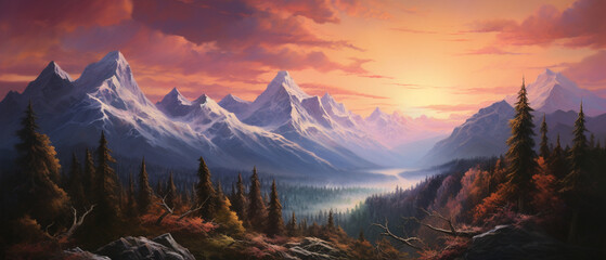 A breathtaking vista unfolds as the sun sets over snow-capped mountains, suffusing the sky in a warm palette of colors
