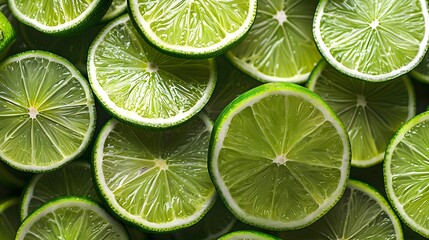 A pile of fresh, vibrant green lime slices arranged neatly on top of each other, creating an eyecatching pattern and showcasing the bright color and texture of limes.
