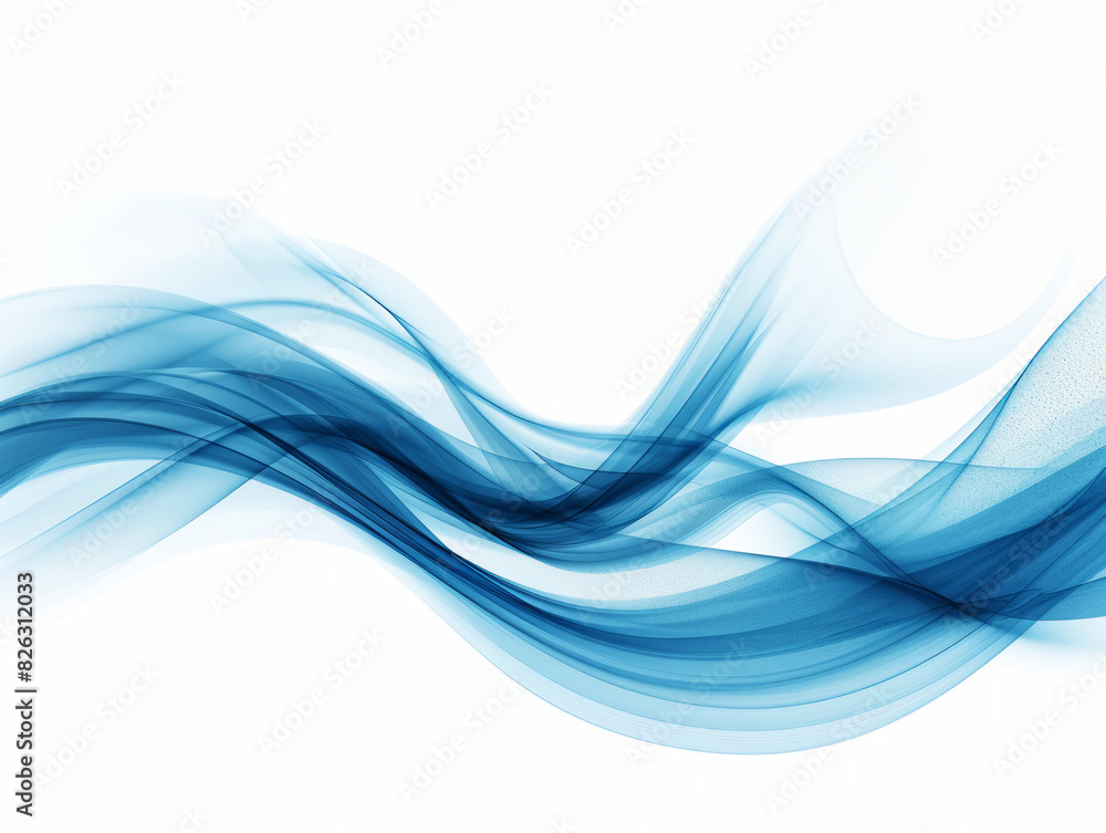 Poster Abstract blue waves flowing across the image on a white background, exemplifying fluidity and movement. Generative AI