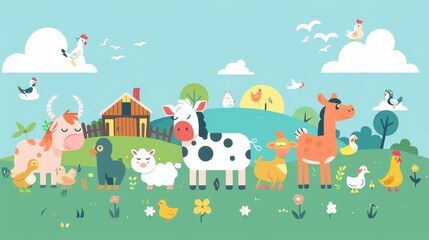 An illustration of farm animals with a landscape - cows, pigs, sheep, horses, roosters, chickens, donkeys, geese, ducks, goats, cats, dogs. This is a cute cartoon modern illustration in flat style.