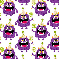 Toothy fluffy monster with lollipop in flat style. Birthday, holiday, congratulation. Kids monster pattern character. Pattern for textile, wrapping paper, background.