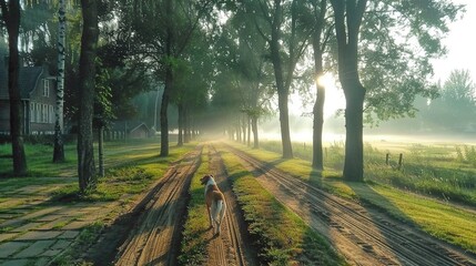 Fototapeta premium Two horses gallop through a field, flanked by tall trees on either side of the dirt path
