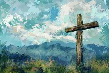 Artistic depiction of a wooden cross in a serene, abstract landscape setting