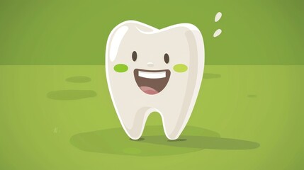 Against a green flat background, a cartoon tooth smiles