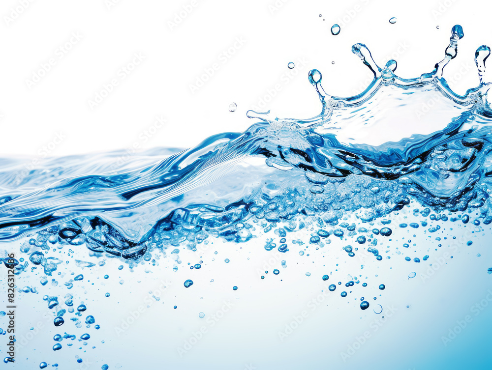 Poster splashing clear blue water waves with droplets on a white background, expressing the concept of puri