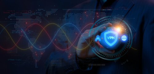 VPN, Virtual private network protocol concept. Businessman using smartphone to show glowing neon...