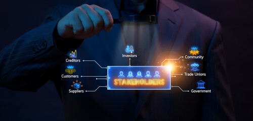 Stakeholders concept for business finance stakeholder investment management. Different stakeholders contact collaboration for company organization. Businessman showing stakeholders icon.