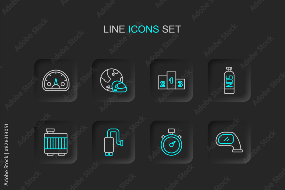 Wall mural Set line Car mirror, Alloy wheel for car, muffler, radiator cooling system, Nitrous oxide, Award over sports winner podium, Racing helmet and Speedometer icon. Vector