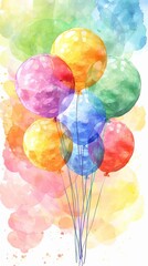 Vibrant watercolor painting of colorful balloons against a dreamy pastel background, perfect for celebration and festive themes.