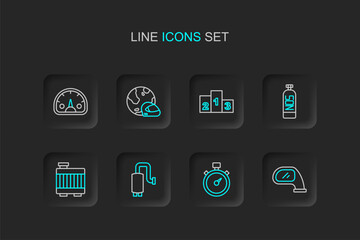 Naklejka premium Set line Car mirror, Alloy wheel for car, muffler, radiator cooling system, Nitrous oxide, Award over sports winner podium, Racing helmet and Speedometer icon. Vector