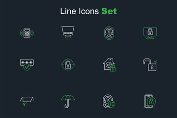 Naklejka premium Set line Mobile with closed padlock, Cancelled fingerprint, Umbrella, Security camera, Open, House under protection, Lock and Password icon. Vector