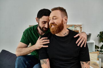 A bearded man lovingly hugs his partner in their new home, a symbol of a fresh start.