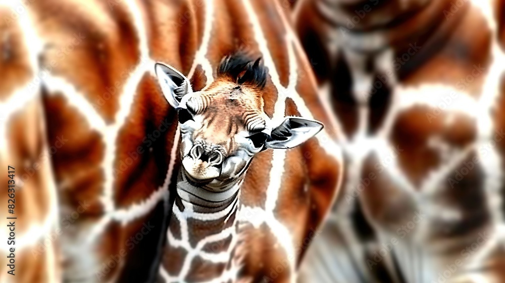 Poster close-up of a giraffe's face with another giraffe in the background