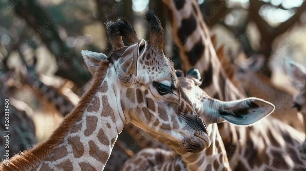 Poster giraffes grouping in woodland setting with trees as backdrop