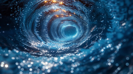 A swirling underwater vortex illuminated with light reflections.