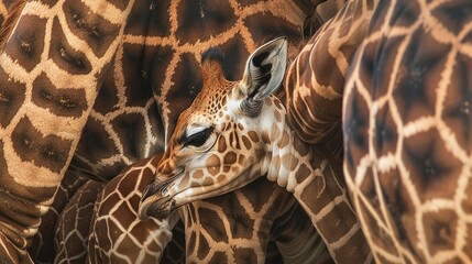   Close-up of a giraffe's head and neck amidst other giraffes