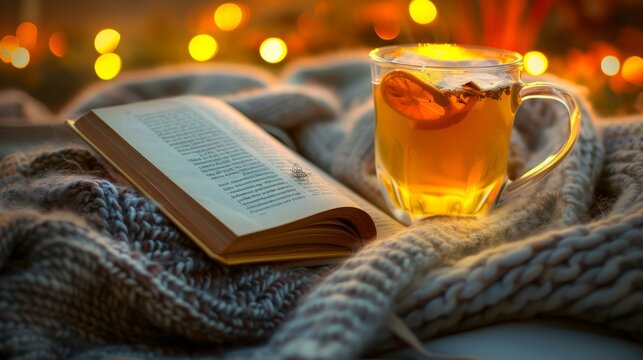 Cozy scene with a warm cup of tea and an open book on a knitted blanket with twinkling lights in the background, evoking warmth and relaxation.