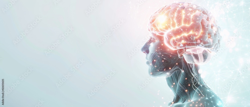 Poster digital conceptual image of human head neural network and brain activity, representing artificial in