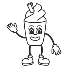 Groovy vintage cup character.Funky groovy cartoon. Funny mascot with smile and emotion.Coffee with cream.Beverage mascot coffee.Vector flat illustration.