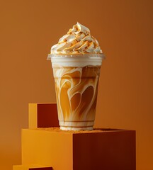Mockup iced coffee latte with latte art  product photography minimal style background, advertising poster and wallpaper or banner