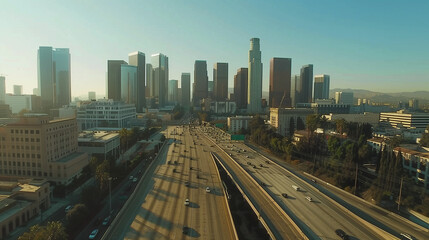 Fototapeta premium Downtown Los Angeles Skyline with Skyscrapers and Freeway Traffic Drone View