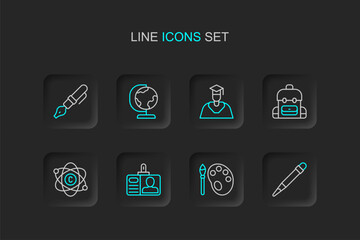 Set line Pencil with eraser, Paint brush palette, Identification badge, Atom, School backpack, Graduate and graduation cap, Earth globe and Fountain pen nib icon. Vector
