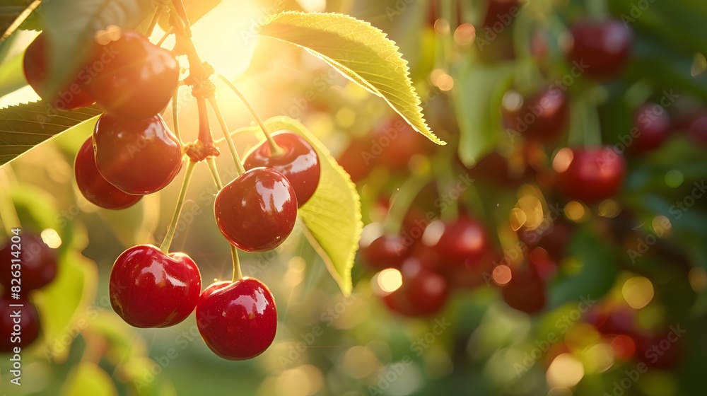 Wall mural A vibrant, detailed photo shows fresh cherries hanging from a branch in an orchard setting under bright sunlight.
