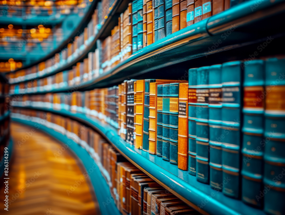 Poster curved bookshelves with many books in a library, focused on orange and teal books against a blurred 