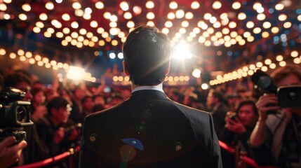 Obraz premium Person in a suit standing before a crowd under bright lights, facing away from the camera, with photographers and lights in the background.