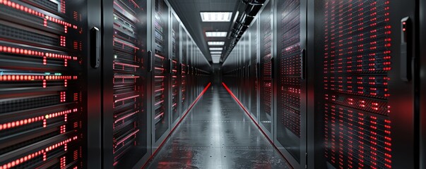 A data center or server room is depicted with servers for information cloud storage. This 3D illustration showcases server racks in a computer security network server room.