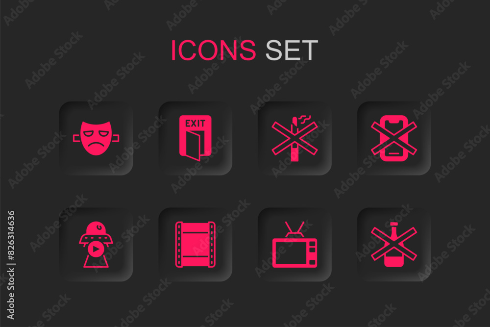 Poster Set Play video, Fire exit, Drama theatrical mask, Retro tv, No cell phone, alcohol, smoking and Science fiction icon. Vector