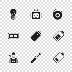 Set Screwdriver, Battery charge, Roll adhesive tape, Creative lamp light idea, Tee plug electric and Electrical outlet icon. Vector