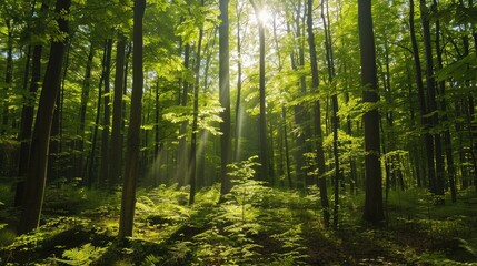 Fototapeta premium Lush green forest with sunlight filtering through trees for a natural background.