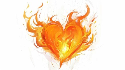 Cartoon 2D illustration of a heart engulfed in flames against a crisp white backdrop conveying passionate emotions.