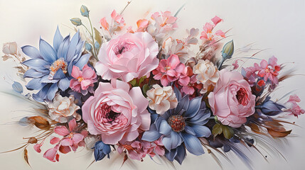 Wallpaper with bouquet of pink and blue flowers on white background.