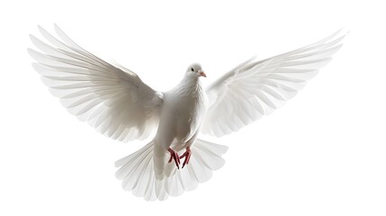 Fototapeta premium A white dove flies through the air against a white background. symbolizing freedom and peace. 