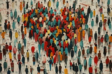 Vibrant modern acrylic painting of a diverse and colorful crowd in an urban setting, capturing the interaction and variety of humanity from a bird's eye view
