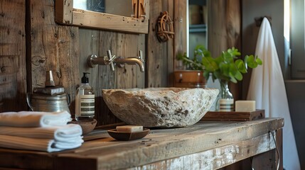 rustic chic bathroom with reclaimed wood vanity and natural stone sink vintage interior design photography