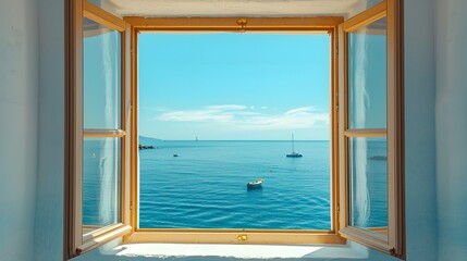 A window overlooking the blue sea, open and bright, overlooking the vast ocean outside.
