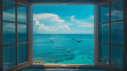 A window overlooking the blue sea, open and bright, overlooking the vast ocean outside.
