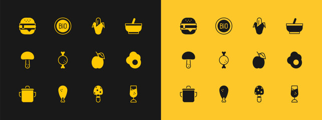 Set Mortar and pestle, Chicken leg, Plum fruit, Fly agaric mushroom, Corn, Burger and Banner for bio icon. Vector