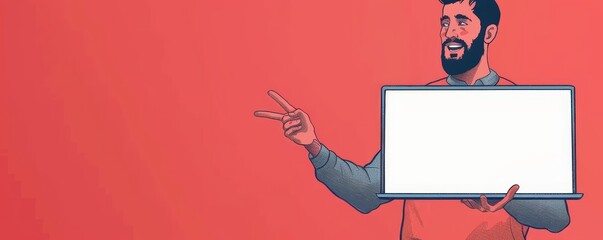 An illustration of a happy man pointing his finger at a blank laptop screen depicted in a hand-drawn modern design illustration.