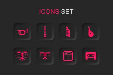 Set Bongo drum, Flute, Trumpet, Guitar amplifier, Bandura, Retro audio cassette tape, Keytar and Conga drums icon. Vector