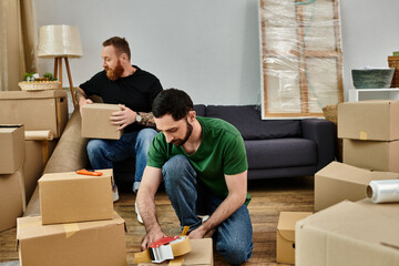 Two men, a loving gay couple, arranging boxes in a cozy living room while embarking on a new...