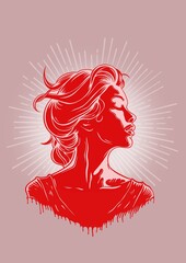 Stylized profile of a woman in a monochromatic red palette. A serene female profile illuminated by light