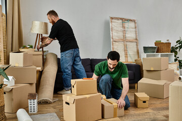 Two men, a gay couple in love, moving boxes in a living room of their new home, marking the...