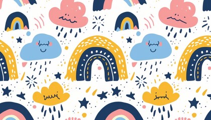 A childish pattern featuring cute rainbows and rain clouds in doodle style. This flat color modern illustration is perfect for nursery designs that you can print out.