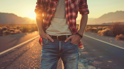 The image shows a man on a road trip, standing with both hands in his pockets - Powered by Adobe