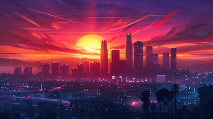 Los Angeles Downtown Sunset Skyline at Night