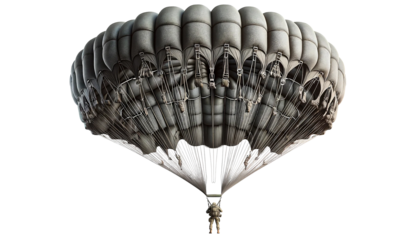 Military parachute isolated on a white background. The parachute features a large, durable canopy with suspension lines, harness, and rigging. 